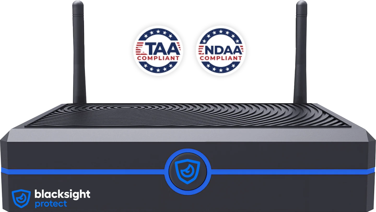 Blacksight Protect hardware appliance — front view with TAA and NDAA Compliant badges